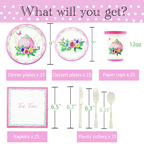 Decodinli Tea Party Supplies Serves 25, Tea Party Decorations, Tea Party Plates And Napkins, Tea Party Disposable Paper Plates And Cups, Floral Tea Party Bridal Shower Tableware Set #TOP2
