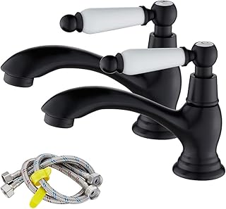 Maynosi Bathroom Basin Pillar Taps, Pair Basin Sink Taps with Dual Ceramic Levers, Traditional Faucet for Washroom, 1/4 Turn, Include Flexible Hoses, Solid Brass, Matte Black