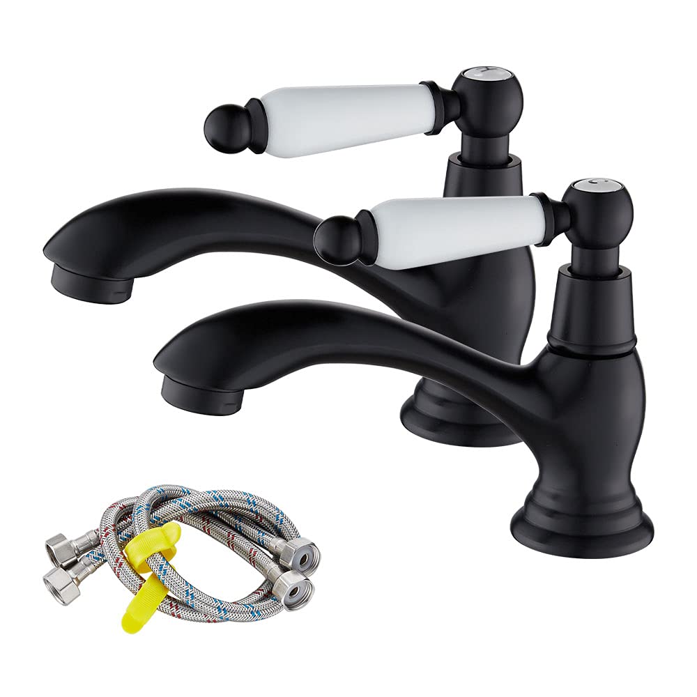 Maynosi Bathroom Basin Pillar Taps, Pair Basin Sink Taps with Dual Ceramic Levers, Traditional Faucet for Washroom, 1/4 Turn, Include Flexible Hoses, Solid Brass, Matte Black