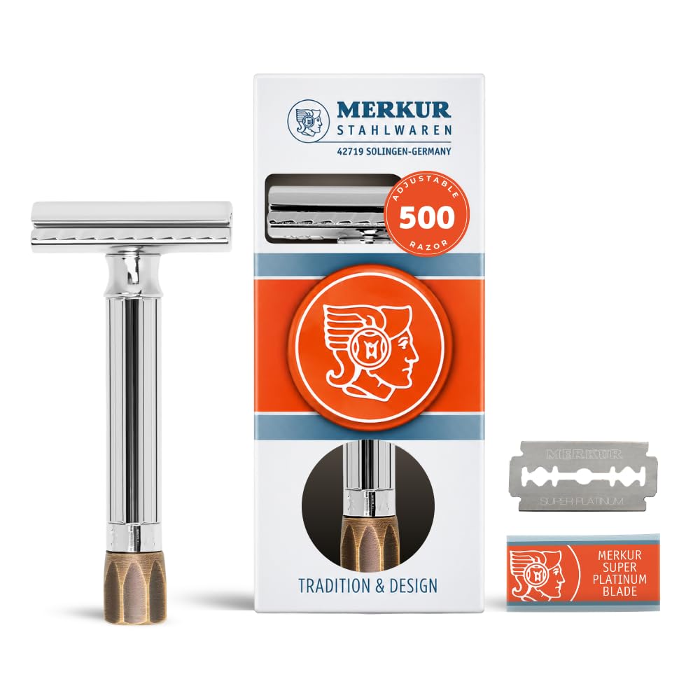 Merkur 500C Antico, Cromo/Ottone Lucido, Rasoio Premium in 2 Pezzi, Ideale per Rasatura Bagnata, Zinco Pressofuso, Manico in Ottone, Made in Germany