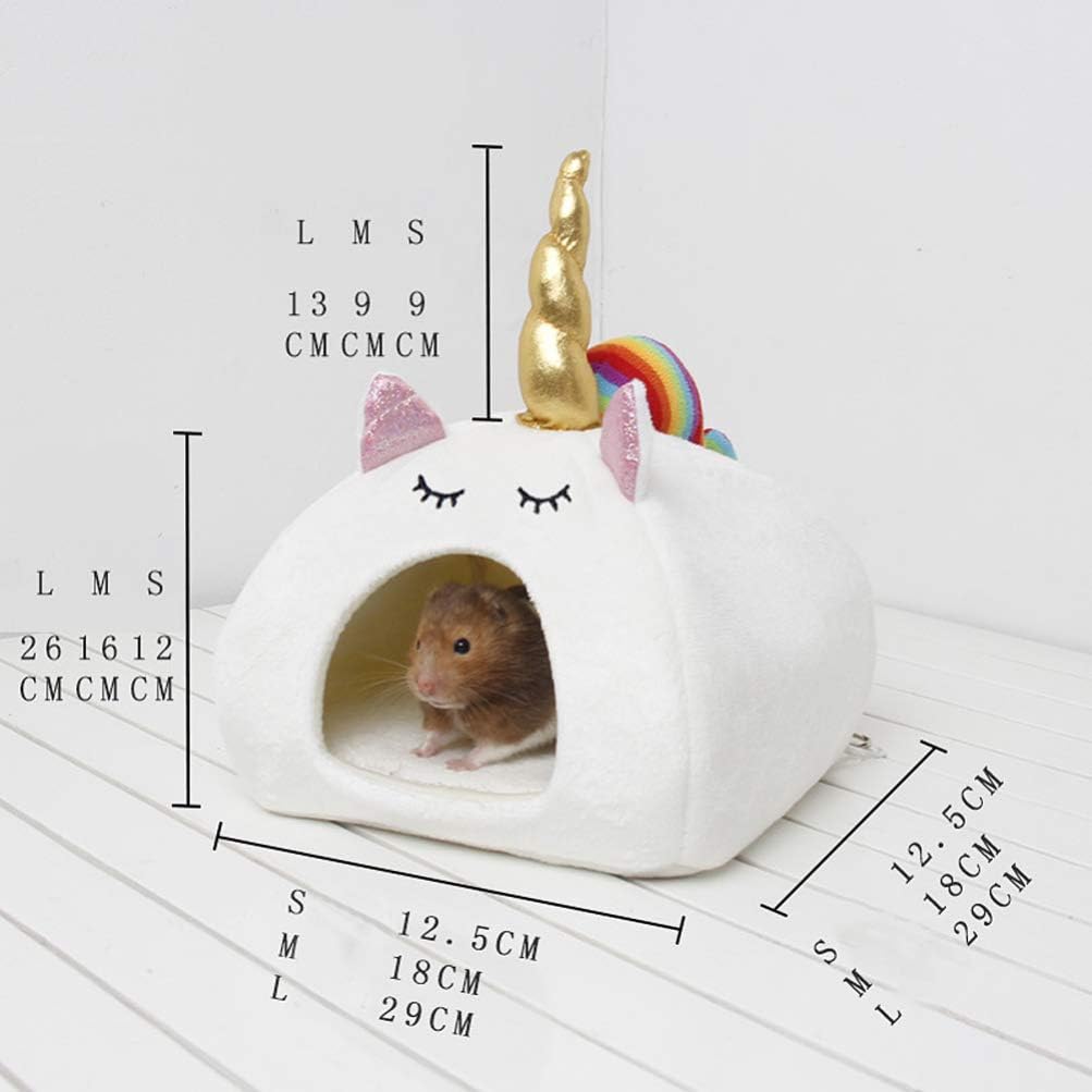 balacoo Hamster Warm Bed House Soft Cushion Couch Hut Guinea Pig Unicorn Design Hammock Hideout for Rabbit Chinchilla Squirrel Hedgehog (White, Size)