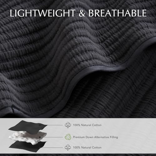Image of EVERGRACEHOME Cotton Coverlet Set King Size 3 Pieces, Lightweight Soft Ribbed Matelasse Bedspread Quilt Set, Cozy Oversized Quilted Bedding Set with 2 Pillow Shams for All Seasons, Washed Black