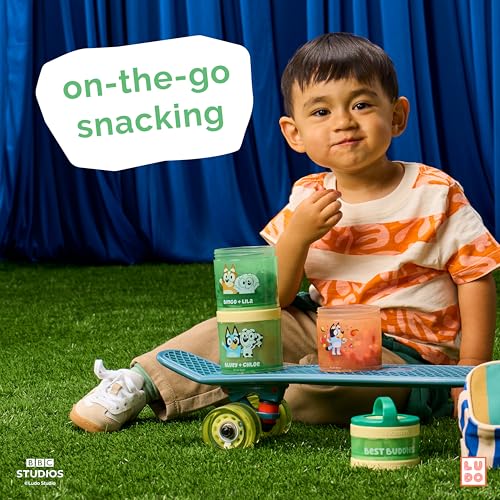 Image of Whiskware Bluey Stackable Snack Containers for Babies, Toddlers, and Kids, 3 Stackable Snack Cups for School and Travel, Cupholder Friendly, Bluey, Chloe, Bingo, and Lila, Best Buddies!