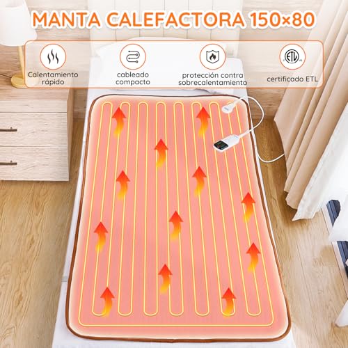 Miniatura 3 de Calientacamas, Calefacción Bajo La Cama, 150 X 80 Cm Desconexión Automática, Calienta Camas, Manta Eléctrica Con Temporizadores De 12 Horas Y 3 Ajustes De Calor, Protección Contra Sobrecalentamiento