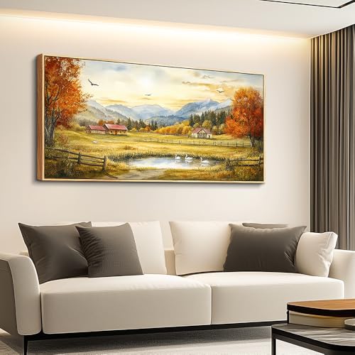 PHAOHUAXM Large Wall Art For Living Room Canvas Wall Decor For Farmhouse Office Decoration Bedroom Ink-Wash Landscape Paintings Wood Framed Printing Dining Room Kitchen Modern Home Decor 24"X48"