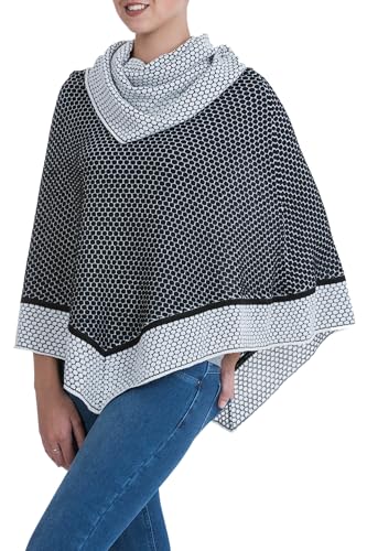 NOVICA Artisan Handmade 100% Alpaca Poncho Black White Patterned with Cowl Neck Wool Clothing Grey Peru Geometric Bohemian ' Honeycomb Matrix'