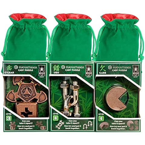 Deluxe Games and Puzzles O’Gear, U&U, Cake Hanayama Brain Teaser Puzzle Pack, with 3 Green Velvet, Red Satin Lined Drawstring Pouches, Bundled Cover