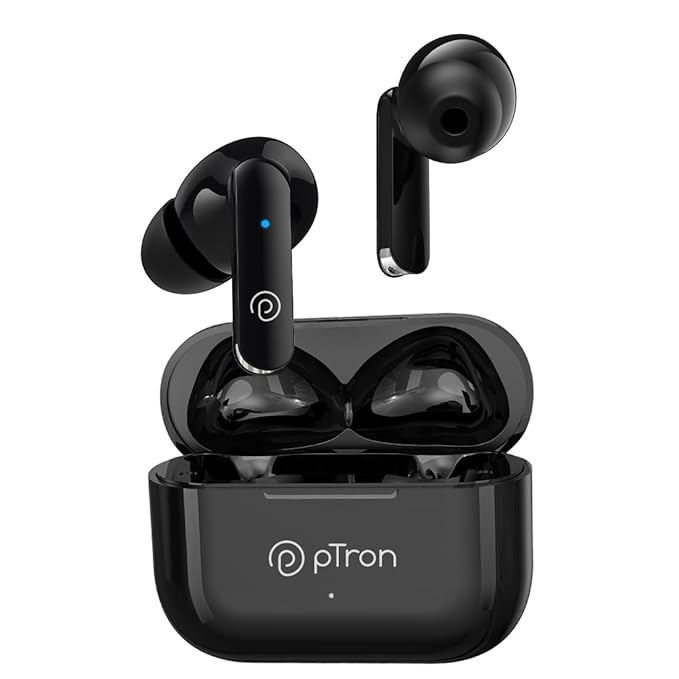 PTron Bassbuds Duo in Ear Earbuds with 32Hrs Total Playtime, Bluetooth 5.1 Wireless Headphones, Stereo Audio, Touch Control TWS, with Mic, Type-C Fast Charging, IPX4 & Voice Assistance (Black)