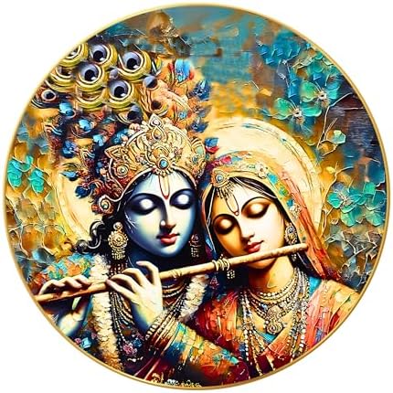 Modern Radha Krishna Wall Painting with Frame - Sparkle Glossy Round Golden Framed Large Painting for Office, Living Room, Bedroom, Home Wall Decoration (Design 15, 60 cm * 60 cm)
