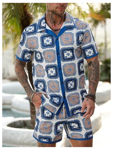Men's Beach Vacation Clothes 2 Piece Summer Outfits Button Down Short Sleeve Crochet Top and Drawstring Shorts4