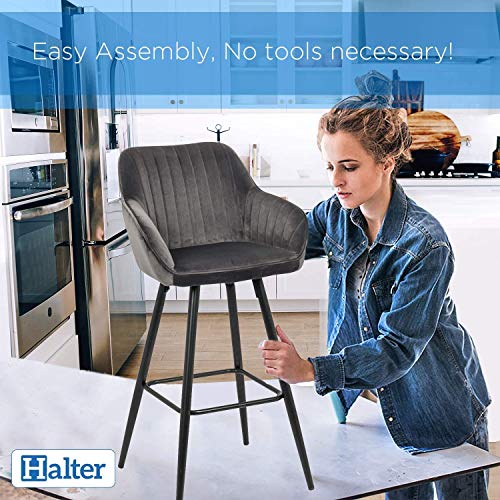 Halter Bar Stool with Back Support and Footrest, Upholstered Modern Bar Stools for Kitchen Counter, Plush Grey Fabric and Black Metal Frame, Kitchen Stools for Island or Counter, 40 Inch, (2 Pack).