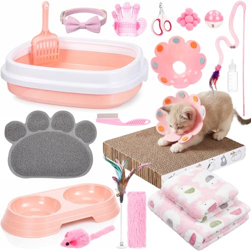Leitee Kitten Starter Kit 28 Pcs Cat Kitten Starter Kit Cats Essentials Set Includes Litter Box with Shovel Toy Paw Litter Mat Collars Nail File Cat Bottle Blanket for Kittens Supplies(Pink)