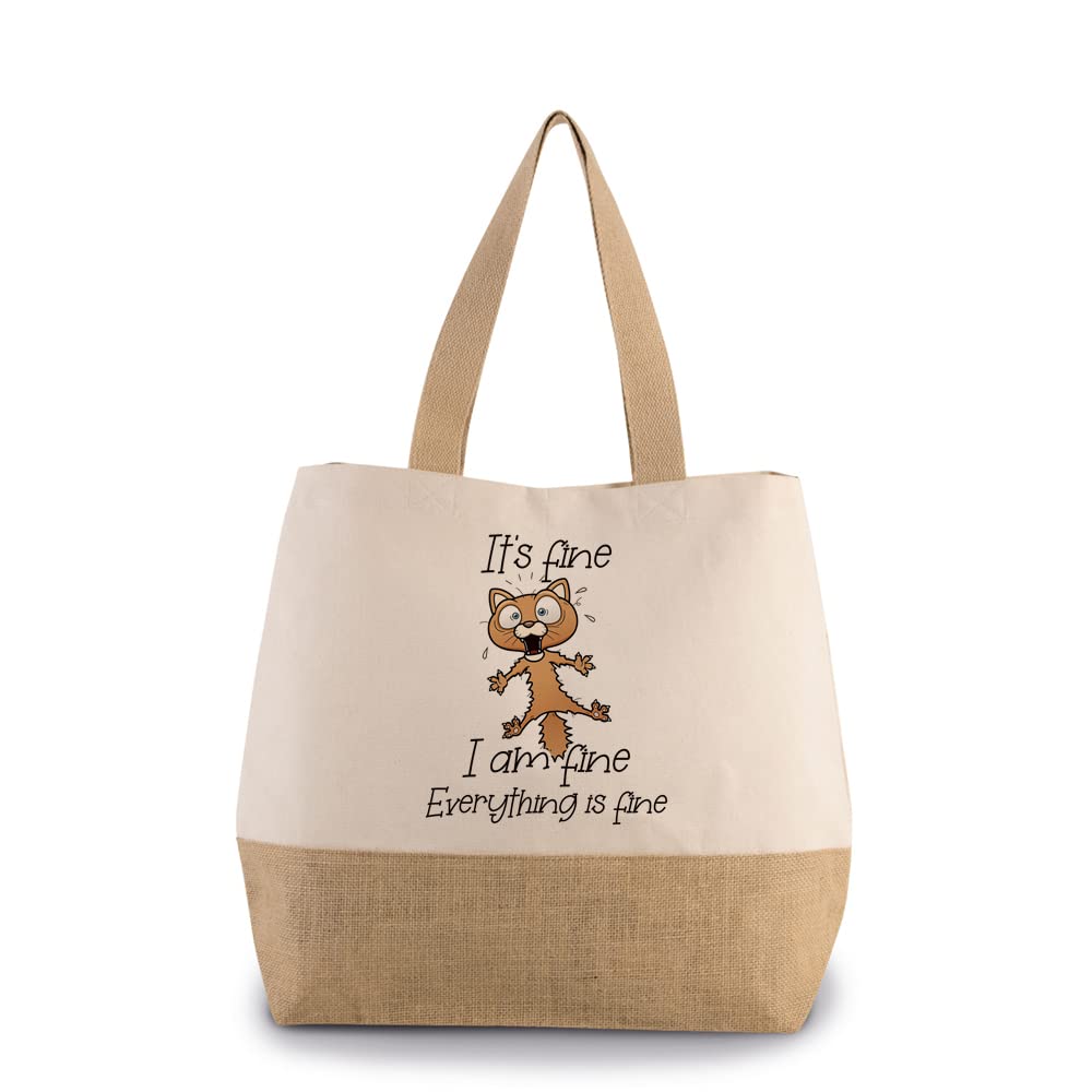 Getagift Its Fine I'm Fine Everything is fine cat Joke Shopping Bag, Canvas Jute Bag with Inner Mobile & Coin Pocket. (Natural)