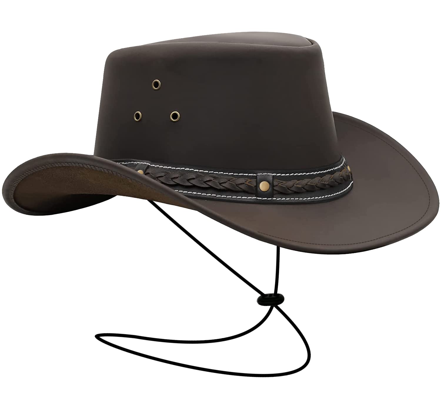 Brandslock Mens Leather Cowboy Hat Down Under Outback Wide Brim Black/Brown (Large, Brown)