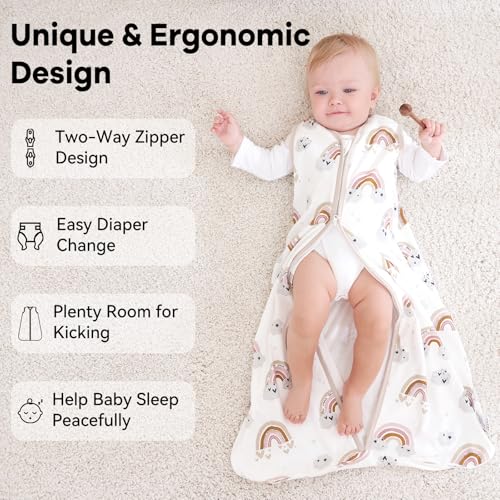 Image of Baby Sleep Sack 12-18 Months 0.5 Tog Wearable Blanket Baby, 3 Pack 100% Cotton Lightweight Sleeping Sack with 2-Way Zipper for Infant Toddler Apricot White Sun Clouds