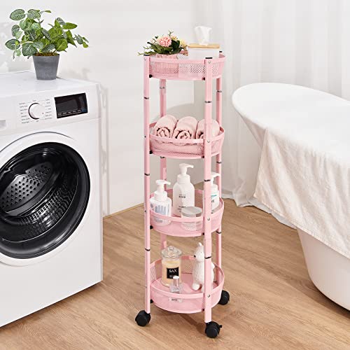 Apexchaser 4-Tier Metal Storage Rolling Cart, Collapsible Utility Cart, No Assemble, Multifunction Serving Organizer Trolley With Lockable Wheels For Kitchen, Living Room, Bathroom,Pink #TOP5
