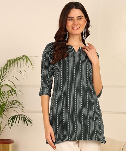 Image of DSK Studio Women's Cotton Short Kurti with Notch Neck Line 3 /4th Sleeves Abstract Pattern Short Length and Regular Fit