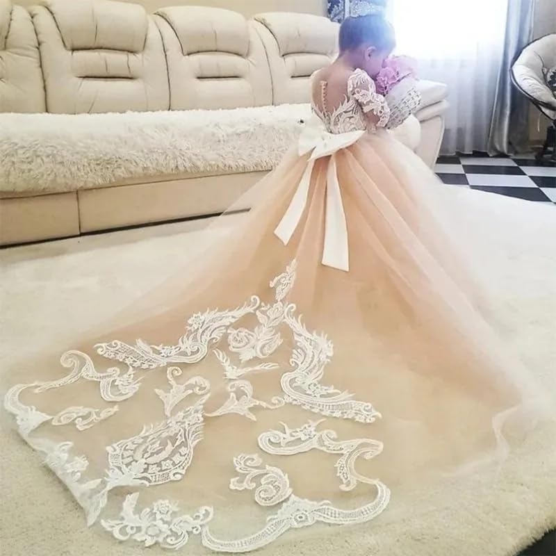 Long Sleeve Flower Girl Dress Tulle Lace Appliques Bow-Knot Princess Pageant Dresses for Girls4