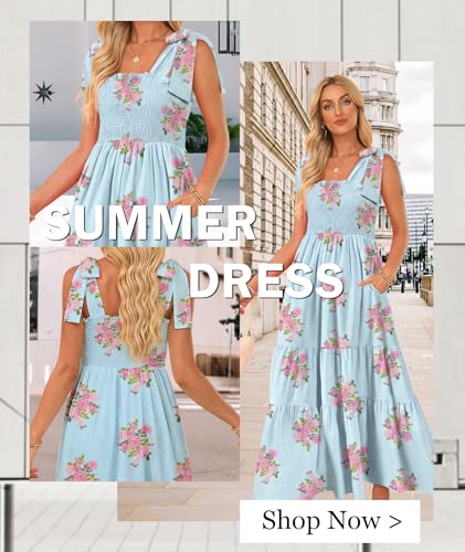 Image of CURBODO Women's Summer Maxi Dress Boho Spaghetti Straps Casual Long A-line Smocked Beach Dress Square Neck Flowy Sun Dress