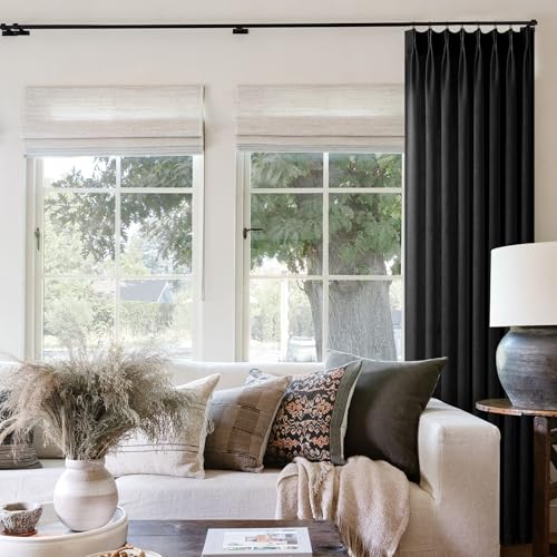 Image of Black Pinch Pleated Linen Curtains 102 Inches Long 1 Panel 50 Inch Width | for Living Room, Bedroom, Light Filtering, Boho, Window Drape, with Hooks Rings, Sliding Glass Door, Semi Sheer, 102 Inch