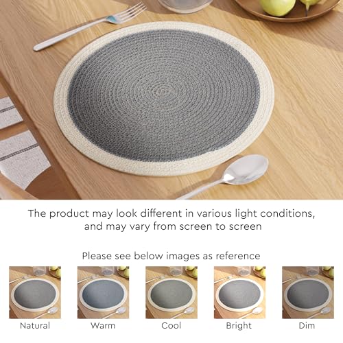 Image of Dining Table Mats Set of 4 | Cotton Table Mat 32 cm Diameter, Ecasa XO Washable Round Table Mats, Heat Resistance Dining Table Placemats, Handmade Ribbed Style for Centre Table, Light Grey & Off White