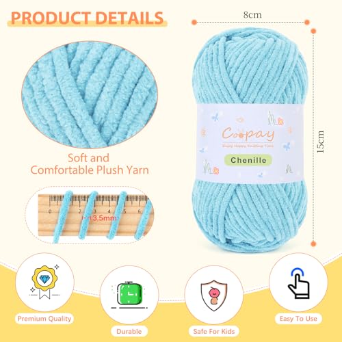 Image of Coopay Chenille Yarn for Crocheting, 8 Pack Medium Weight Yarn - CYC #4 - Total 520yd, Soft Crochet Yarns for Plush Toys, Blankets, Scarves (Blue)