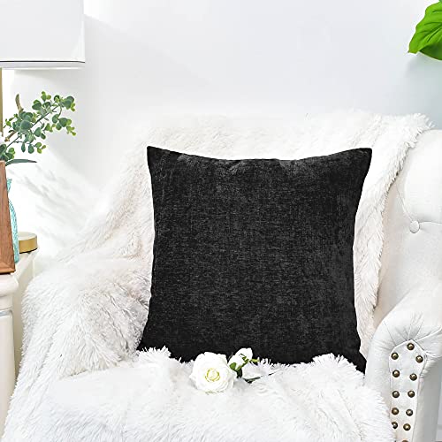 Image of CaliTime Pack of 2 Cozy Throw Pillow Covers Cases for Couch Sofa Home Decoration Solid Dyed Soft Chenille 12 X 12 Inches Black