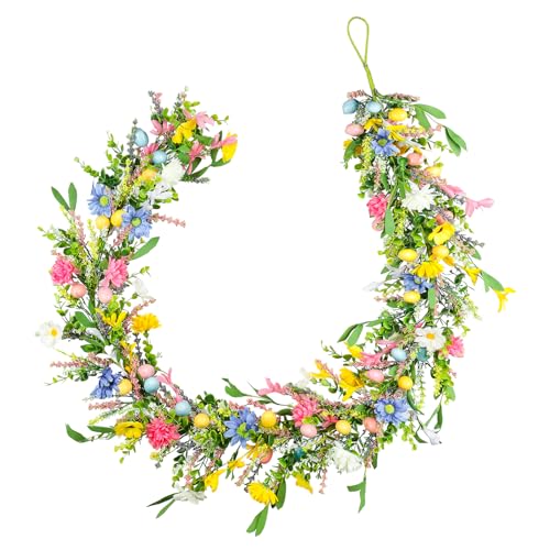 6ft Easter Garland - Spring Garland with Egg and Mixed Berry,Hanging Rustic Pastel Wreaths DIY Artificial Decorations Garland for Home Table Indoor Outdoor Easter Mantel Decorations