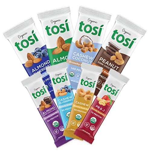 Tosi Organic SuperBites Vegan Snacks, Gluten Free, Omega 3s, Healthy Plant Protein Bars with Flax and Chia Seeds, 8-Flavor Sampler (Variety Pack)