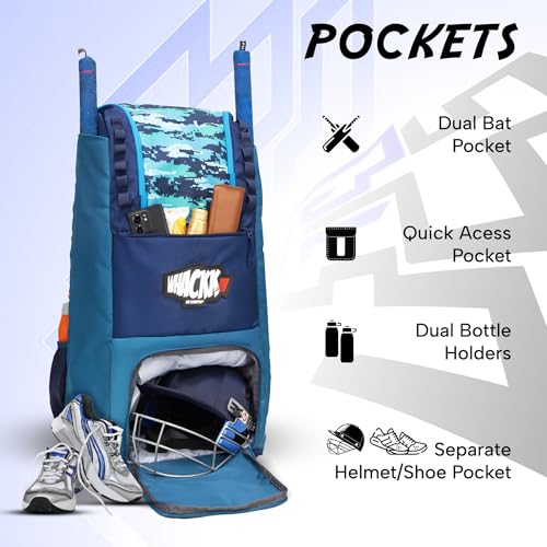 Image of WHACKK Hammond 73L Unisex Cricket Kit Bag|Adult Size|2 Bat|Shoe /Helmet Pocket|Main Compartment 20 inch Leg Pad|2 Bottle Holder|Easy Access Pocket|Player Edition Senior