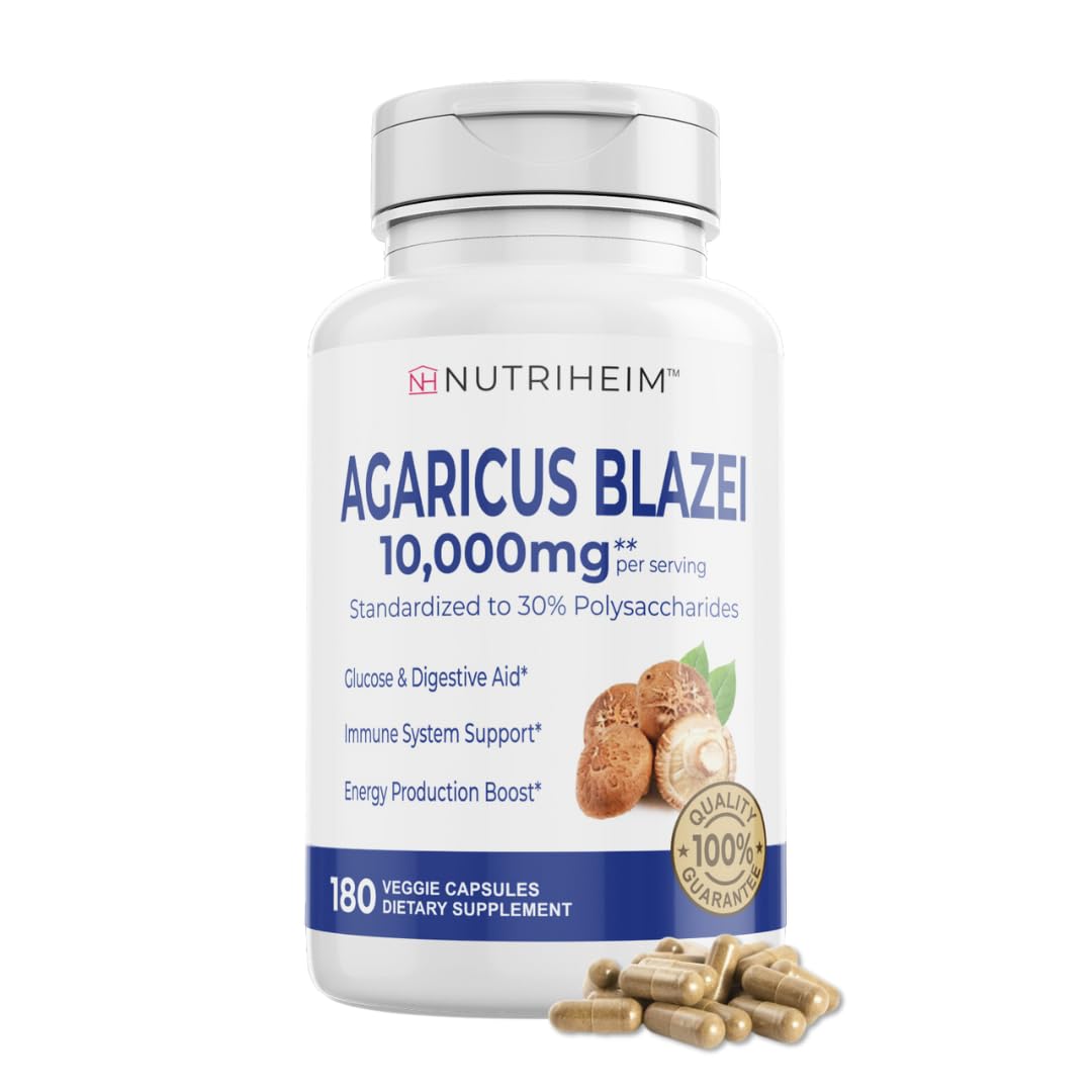 Agaricus Blazei Organic Mushroom Extract for Immune & Energy Support - 30% Polysaccharides & 180 Veggie Capsules - Non-GMO, Gluten-Free, Vegan-Friendly Supplement