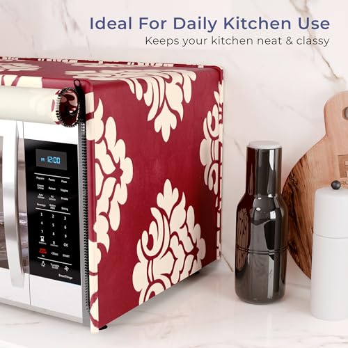 Image of Kuber Industries 20 Ltr Polyester Microwave Oven Cover for Kitchen | Microwave /Oven /Otg Cover - Protects from Spills, Stains & Scratches | Kniting Square Print - Maroon
