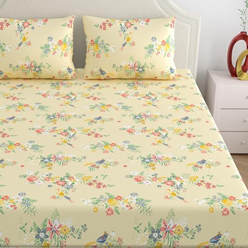Image of Home Ecstasy 100% Cotton King Fitted Bedsheet with 2 Pillow Covers - (Size 72 x 78 inches, 140 TC, Colour - Beige: Silken Beige)