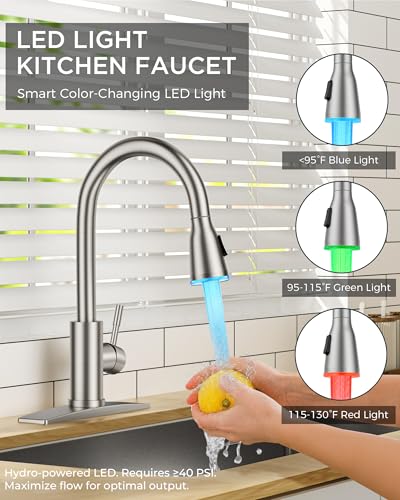Image of FORIOUS LED Kitchen Faucet with Pull Down Sprayer, Brushed Nicke Single Handle Stainless Steel Traditional Sink Faucets with LED Light Sprayer Head, Suitable for Farmhouse Laundry Camper Rv Bar
