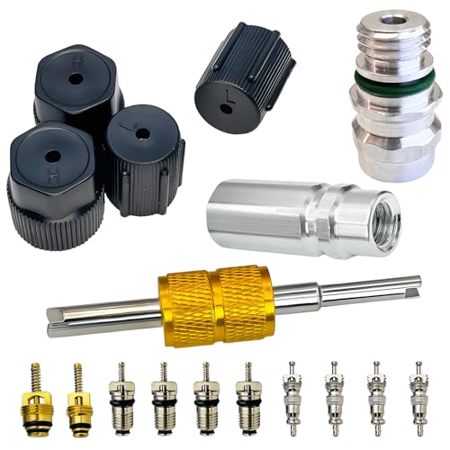 Air Conditioning Valve Core Kit | Cap & Valve AC R12 R134a Teflon Seal Refrigeration A/C Air Conditioning Service Valve Car & HVAC AC Charging Port Seal Caps Kit (A/C Service Port Cap & Valve Kits)