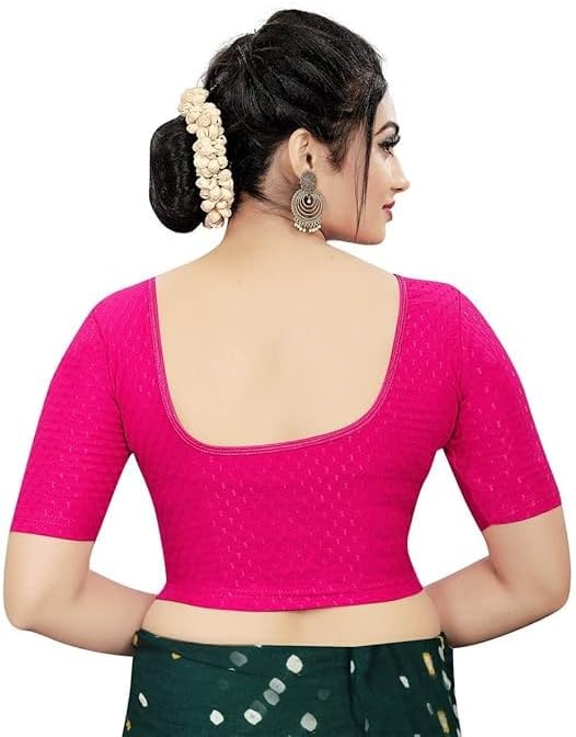 Round Neck Dobby Cotton Lycra Stretchable Elbow Sleeve Readymade Saree Blouse for Women Stylish - Image 2