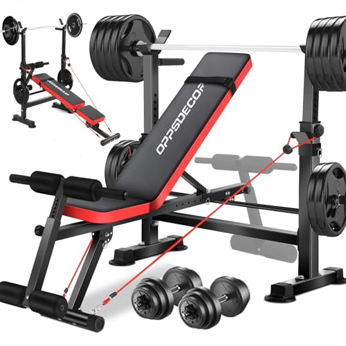 OPPSDECOR 8-in-1 Foldable Weight Bench Set with Squat Rack, Adjustable Bench Press Home Gym System for Full-Body Workout, Flat Incline Decline Sit Up Bench with Removable Foot Catch & Elastic Ropes