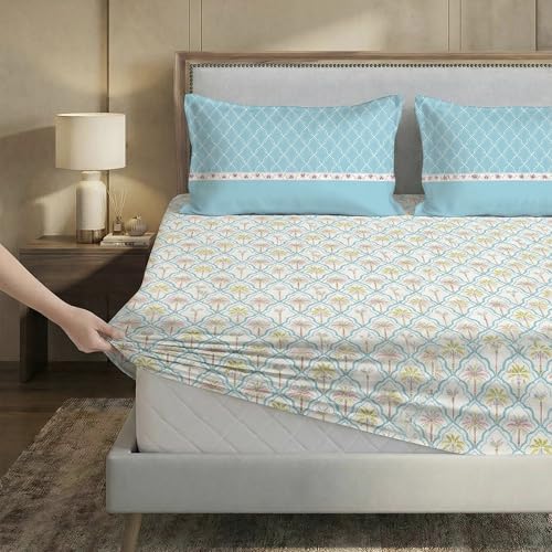 Image of MYTRIDENT Soft Comfort Bedsheet for Double Bed King Size | 182 cm x 198 cm + 30 cm | 200 TC, Sateen Weave, 100% Cotton, Elastic fittedsheet with 2 Pillow Covers and Breathable - Fiona