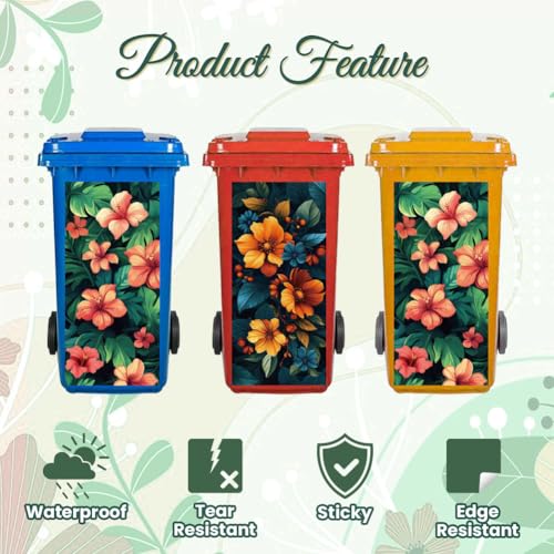 Image of Peacoblue Wheelie Bin Stickers 2 Sheets Flowers and Leaves Sticky Dustbin Stickers Decals, 15 inch x 32 inch Waterproof Large Wraps for Trash Cans Bins Fridges Door Wall Garden Outdoor Indoor Patio Decor