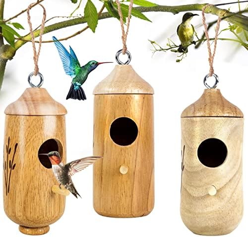 LOTKEY Hummingbird House, Wooden Bird House for Outside Nesting, Gardening Gifts Home Decoration (3 Pack)