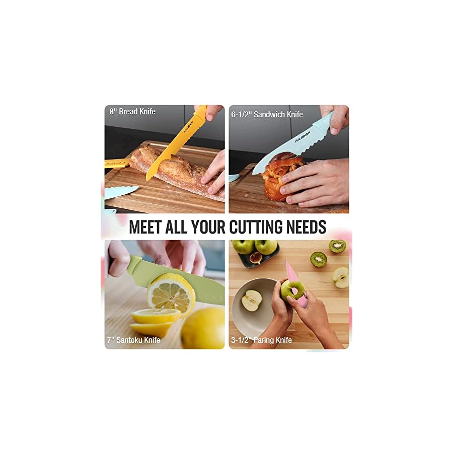 HAUSHOF Kitchen Knife Set, 12-Piece Colorful Knives Set with 6 Sheaths for Kitchen, Non-Stick Coated Stainless Steel Blades for Slicing, Dicing&Cutting, Gifts Knife Set for Dad, Mom, Husband and Wife