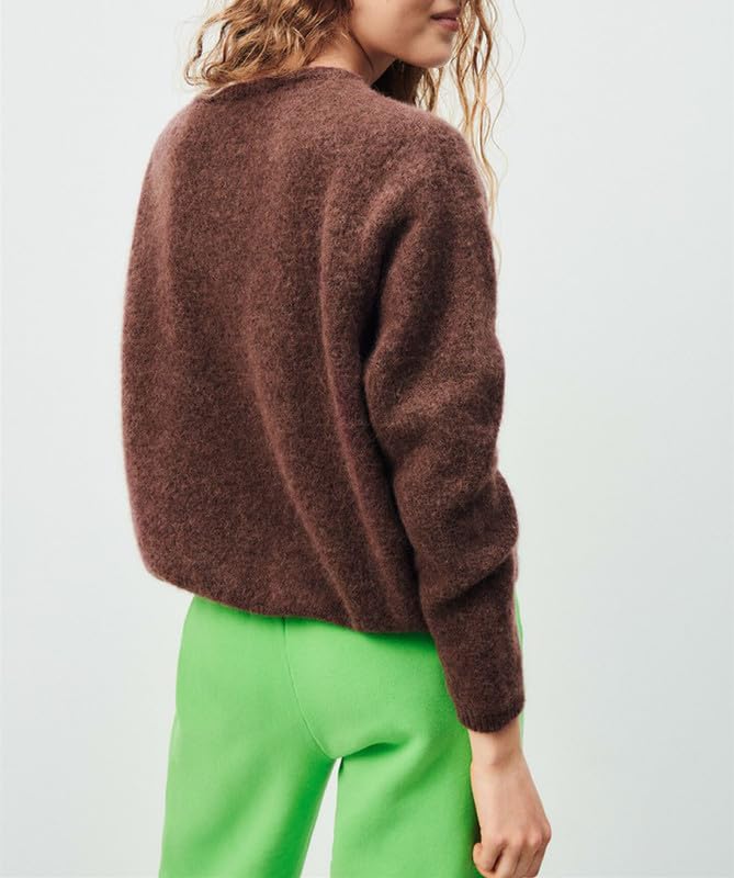 Image of Women Button Down Cardigan Long Sleeve Crewneck Sweater Vintage Lightweight Knit Jacket Fall Going Out Top