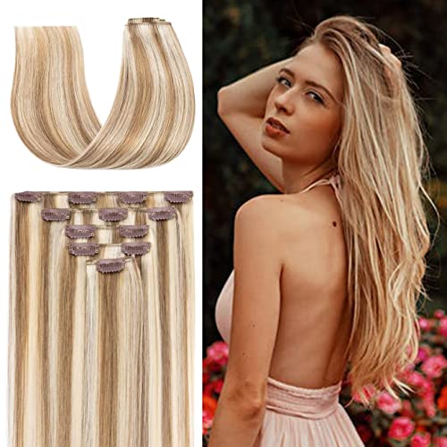 TESS Human Hair Extensions Clip in Real Hair Highlight Remy 5 Pieces Straight Natural Hairpieces for Women/Girls (#12P613 Golden Brown & Bleach Blonde