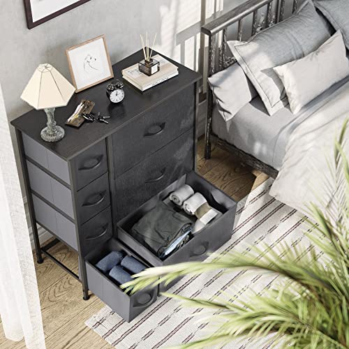 Yitahome 7 Drawers Dresser- Fabric Storage Tower, Organizer Unit For Bedroom, Living Room, Hallway, Closets& Nursery- Sturdy Steel Frame, Wooden Top& Easy Pull Fabric Bins (Black/Grey) #TOP3