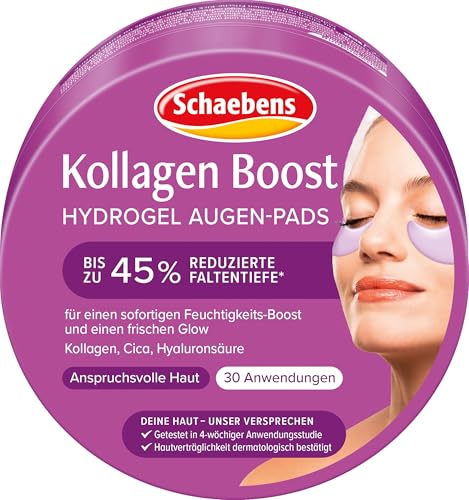 Schaebens Kollagen Boost Hydrogel Augen-Pads, 60 Stück für 30 Anwendungen, für einen sofortigen Feuchtigkeits-Boost und einen frischen Glow mit Kollagen, Cica und Hyaluronsäure