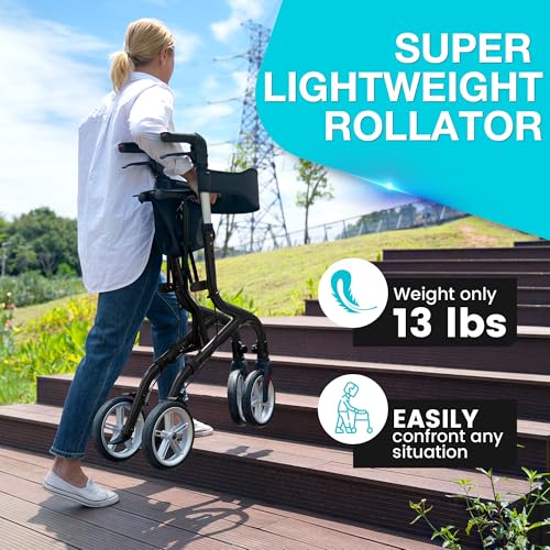 Image of PLANET WALK Super Lightweight Rollator Walker for Seniors, Foldable Rolling Walker with Seat and 8 inch Rubber Wheels for All Terrain, Unique Design Aluminium Frame Sturdy Walkers for Traveling - Black