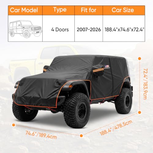 Image of NEVERLAND Wrangler Extended Cab Cover Outdoor - 2007-2026 Wrangler JKU JLU 4 Door, Waterproof UV Half Cover Rain Cover with Door Zipper, 10 Adjustable Hooks, Reflective Strips, American Flag Design