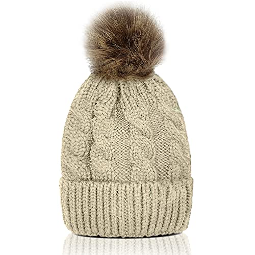 Whiteleopard Kid Beanie Hats Lining Pom Pom for Children -Slouchy Cable Knit Toddler Skull Hat Baby Ski Cap for Girls Boys (Cream)