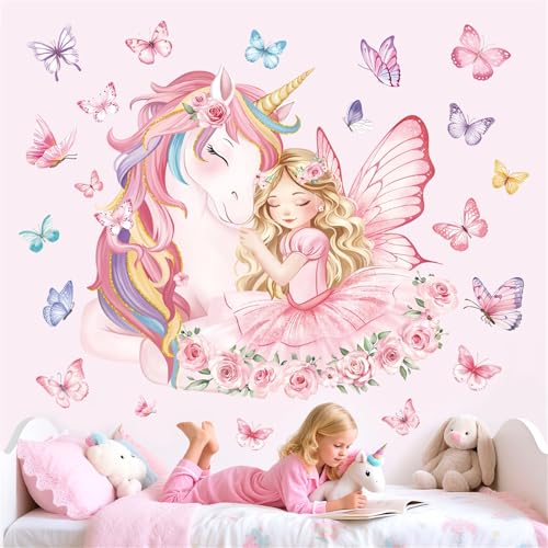 decalmile Stickers Muraux Licorne Princesse Rose Autocollant Mural Fille Elf Fleur Papillon Décoration Murale Bébé Fille Chambre Enfants Pépinière