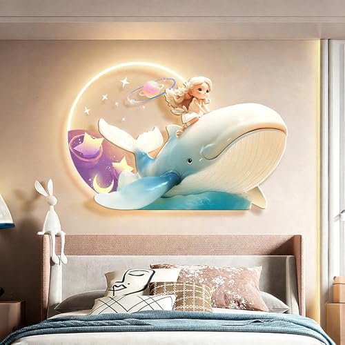 Image of TeHWiEEphs Creamy Princess Style 3D LED Wall Art - Whale Cartoon Design, Remote Control & Plug-in, Cute Wall Decor for Nursery & Bedroom(C,60x40cm/23.62x15.75in)